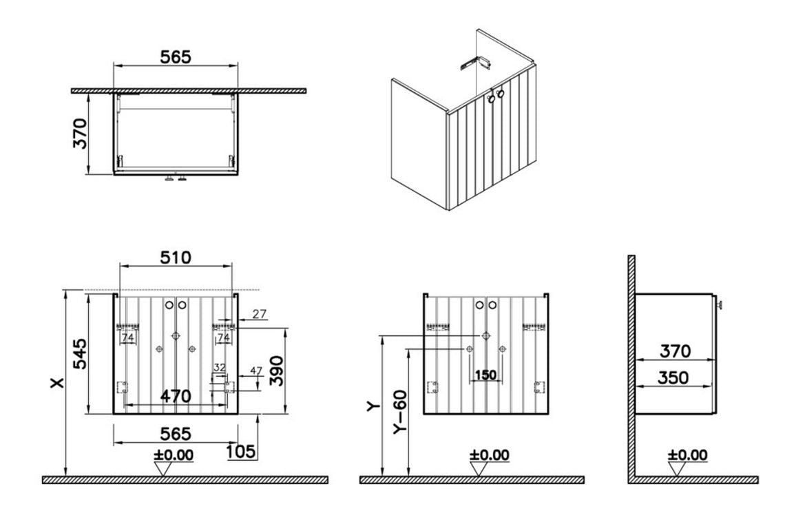 VitrA Root Groove 60cm 2 Door Wall Hung Slim Washbasin Unit - Hartley & Hall Bathrooms