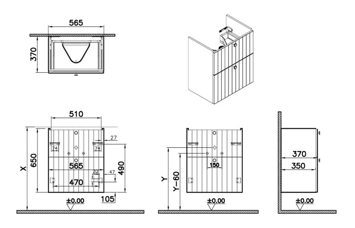 VitrA Root Groove 60cm 2 Drawer Slim Washbasin - Hartley & Hall Bathrooms