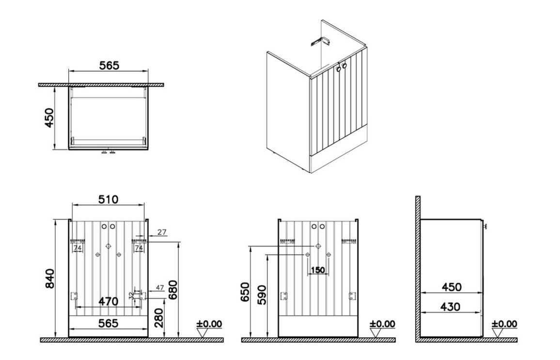 VitrA Root Groove 60cm 2 Door Floor Standing Washbasin Unit - Hartley & Hall Bathrooms