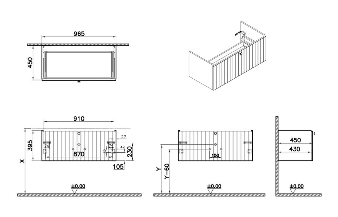 VitrA Root Groove 100cm 1 Drawer Washbasin Unit - Hartley & Hall Bathrooms