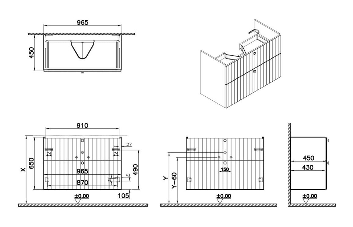 VitrA Root Groove 100cm 2 Drawer Washbasin Unit - Hartley & Hall Bathrooms