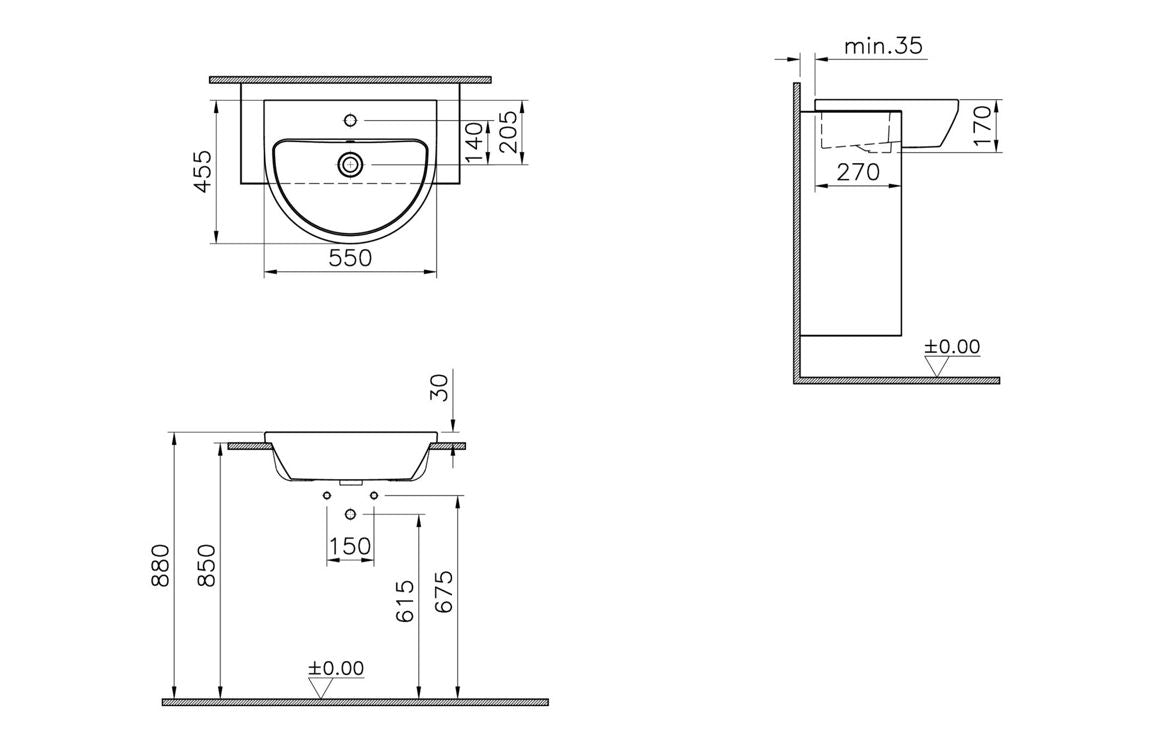 VitrA Integra 550x455mm 1TH Semi Recessed Basin - Hartley & Hall Bathrooms