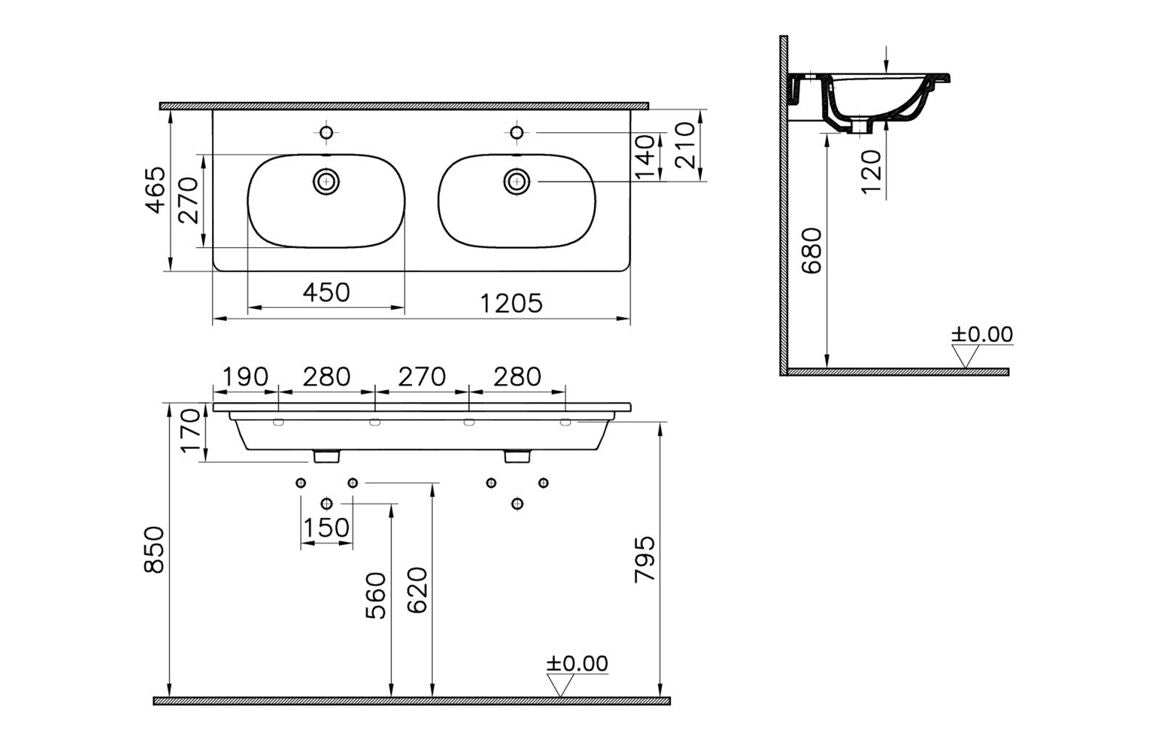 VitrA Zentrum 1200x460mm 2TH Vanity Basin with Overflow - Hartley & Hall Bathrooms