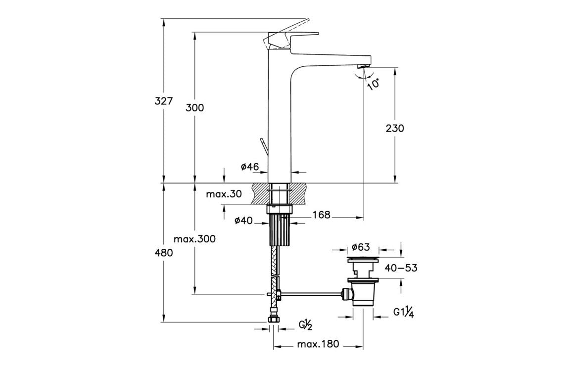 VitrA Flow Square Tall Basin Mixer with waste Lever - Hartley & Hall Bathrooms