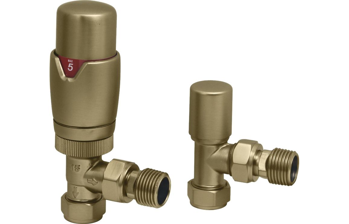 Round Thermostatic Brushed Brass Radiator Valves - Hartley & Hall Bathrooms