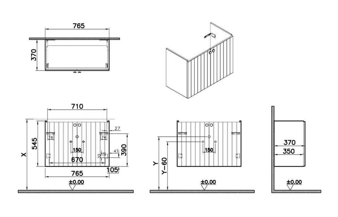 VitrA Root Groove 80cm 2 Door Wall Hung Slim Washbasin Unit - Hartley & Hall Bathrooms