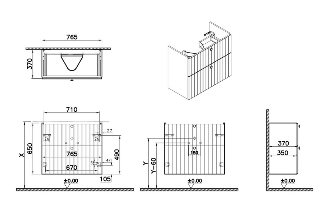VitrA Root Groove 80cm 2 Drawer Slim Washbasin Unit - Hartley & Hall Bathrooms