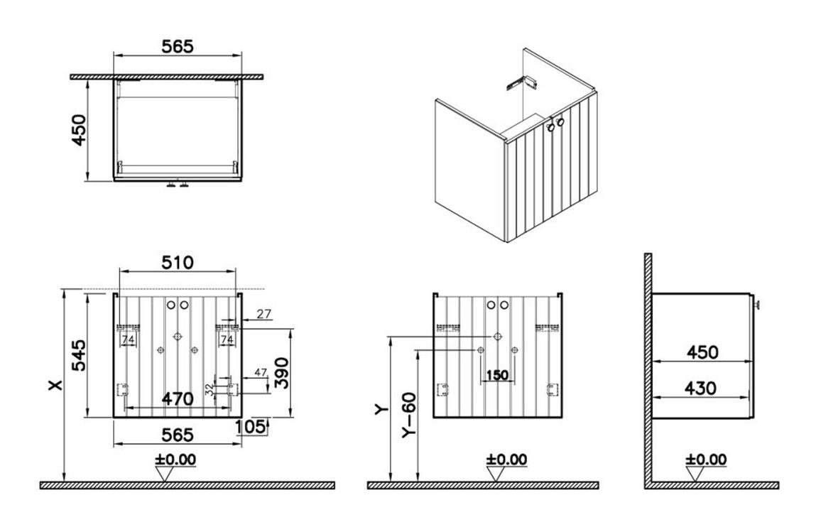 VitrA Root Groove 60cm 2 Door Wall Hung Washbasin Unit - Hartley & Hall Bathrooms