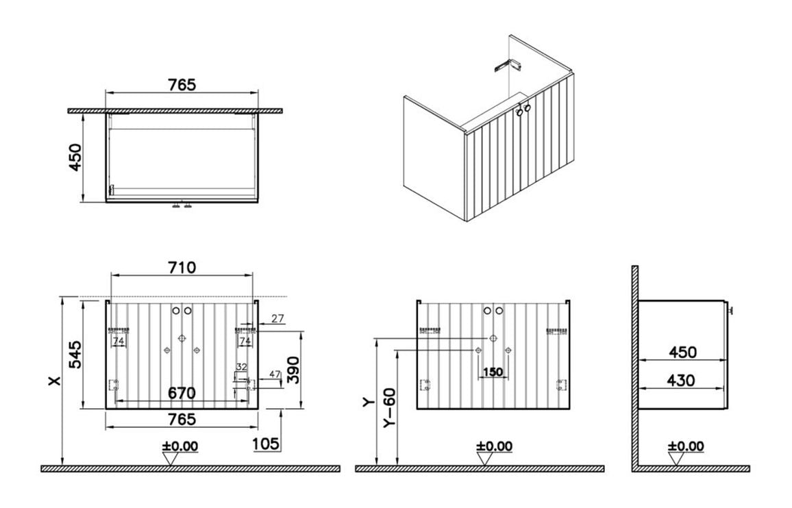 VitrA Root Groove 80cm 2 Door Wall Hung Washbasin Unit - Hartley & Hall Bathrooms