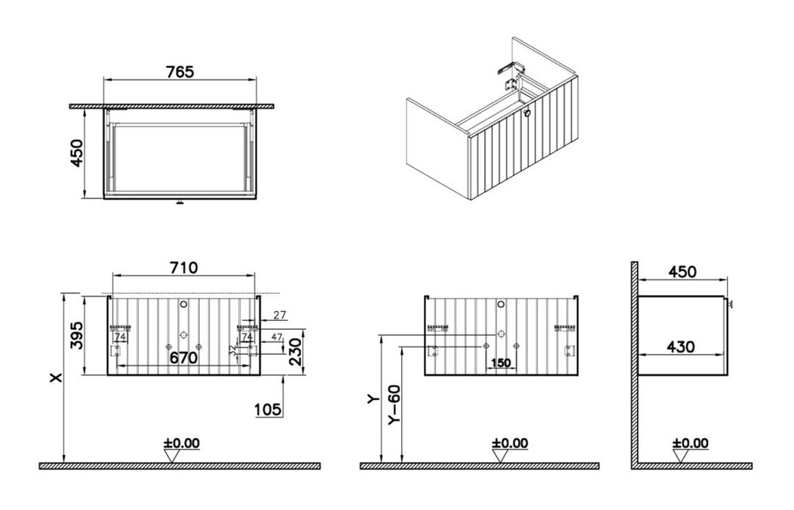 VitrA Root Groove 80cm 1 Drawer Washbasin Unit - Hartley & Hall Bathrooms