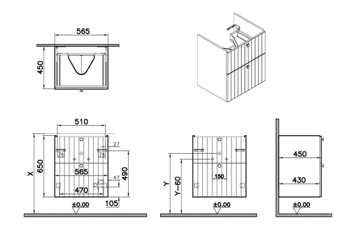VitrA Root Groove 60cm 2 Drawer Washbasin Unit - Hartley & Hall Bathrooms
