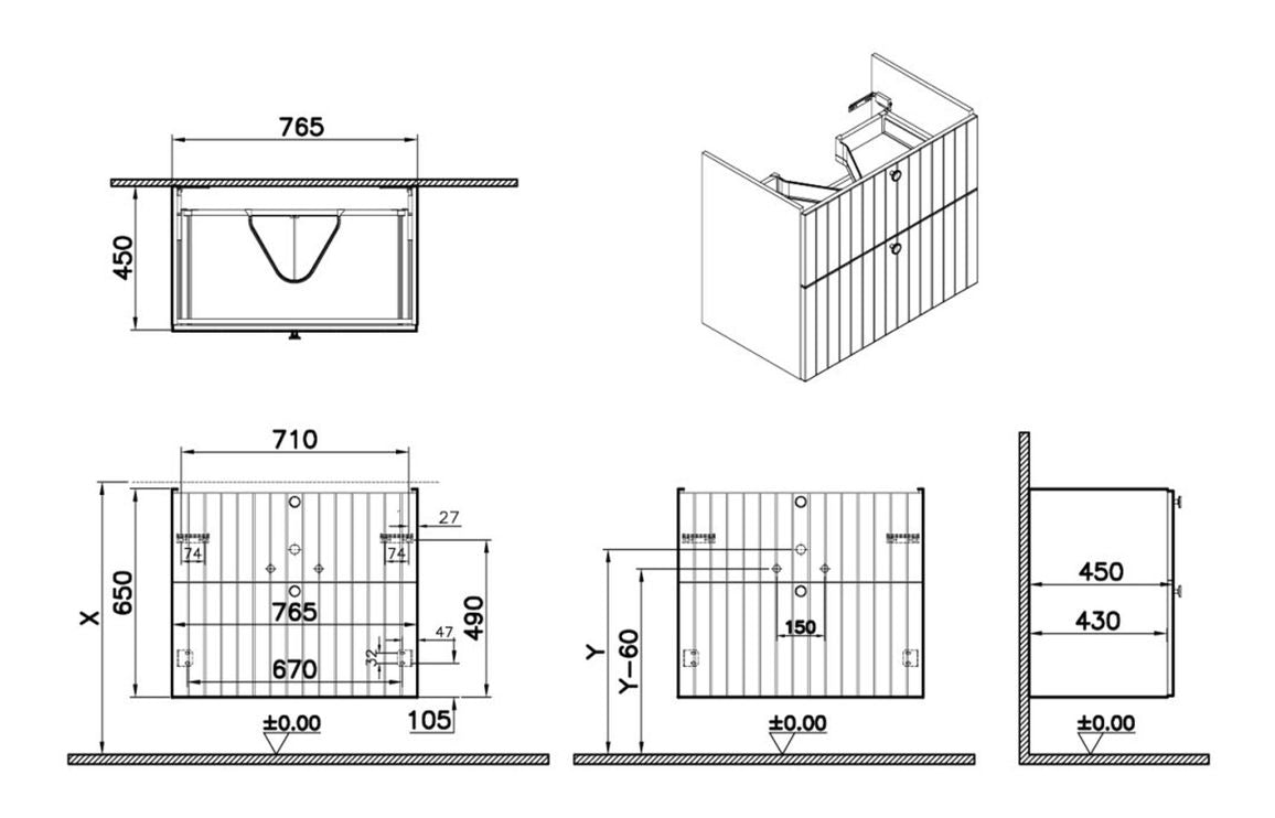 VitrA Root Groove 80cm 2 Drawer Washbasin Unit - Hartley & Hall Bathrooms