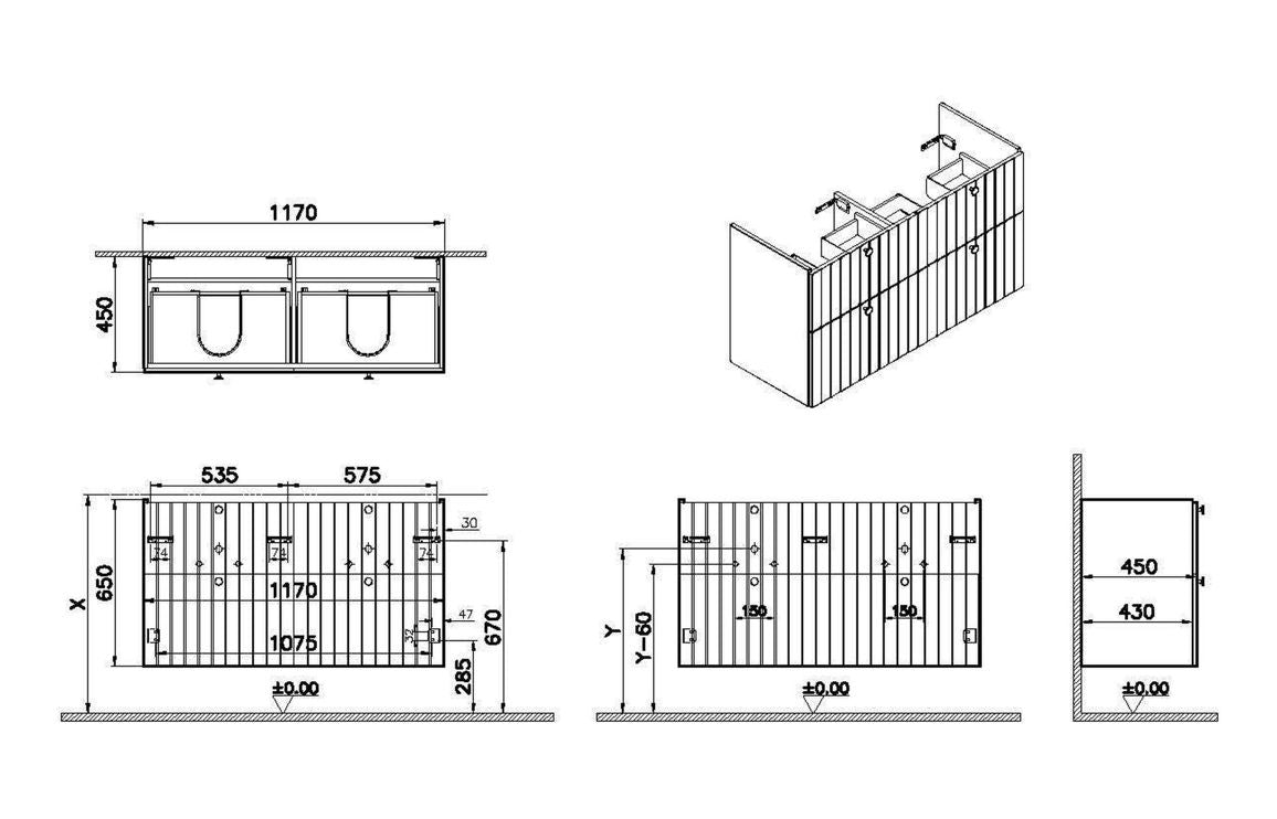 VitrA Root Groove 120cm 4 Drawer Washbasin Unit - Hartley & Hall Bathrooms