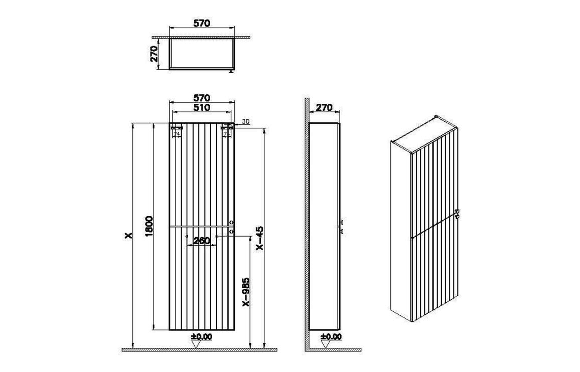 VitrA Root Groove 55cm 2 Door Slim Tall Unit (LH Hinge) - Hartley & Hall Bathrooms