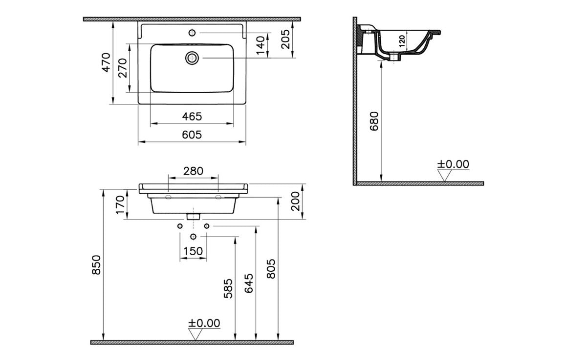 VitrA Integra Classic 610x475mm 1 Tap Hole Vanity Basin Only - Hartley & Hall Bathrooms