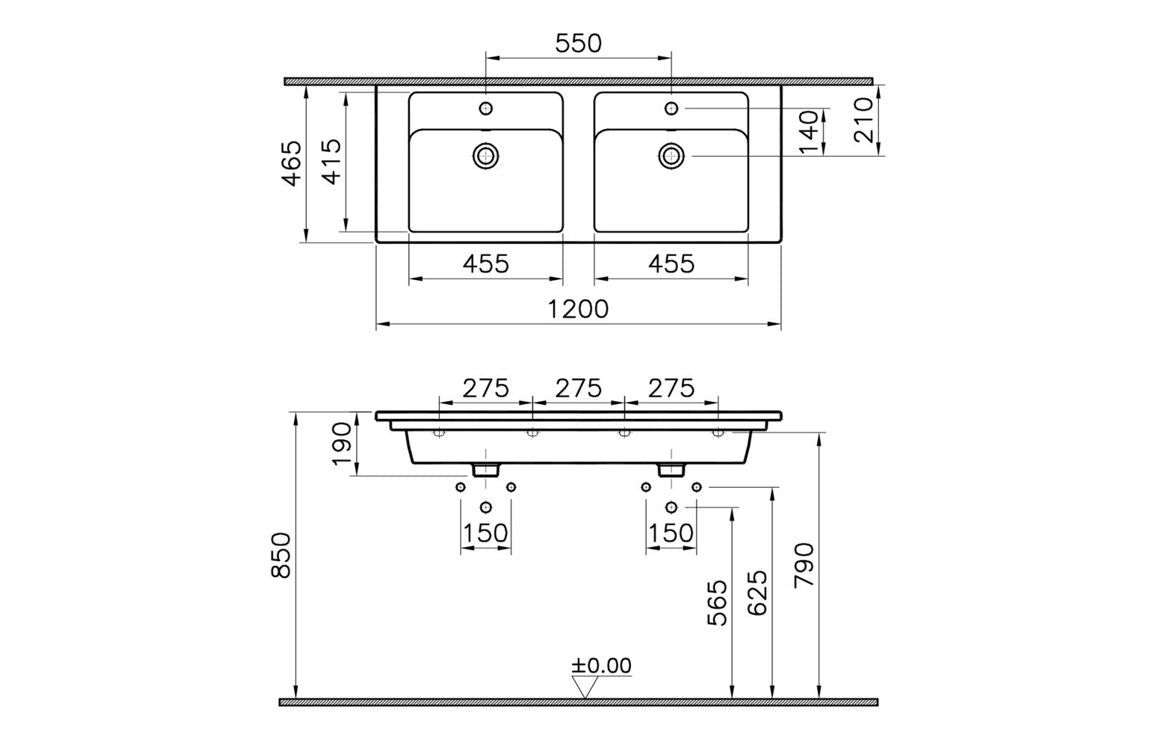 VitrA Integra 1200x470mm 2TH Vanity Basin w/Overflow - Hartley & Hall Bathrooms