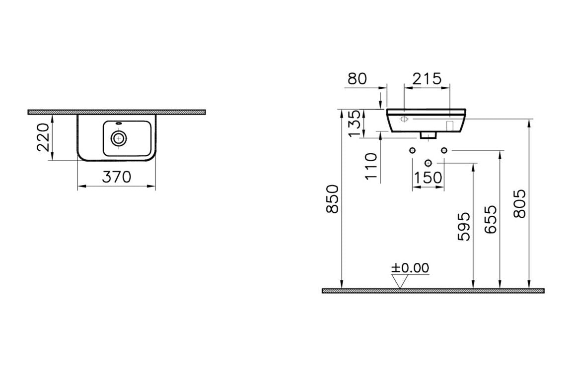 VitrA Integra 370x220mm 0TH Compact Basin w/Overflow - Hartley & Hall Bathrooms