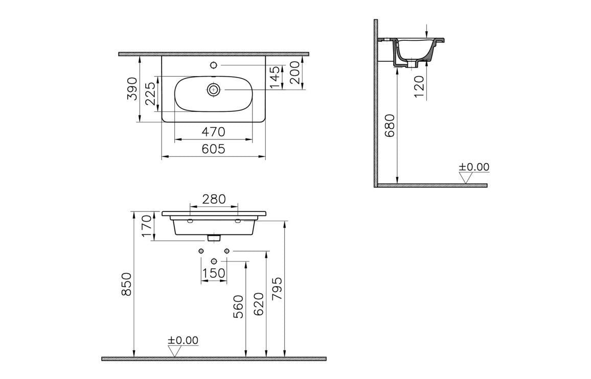 VitrA Zentrum 605x390mm 1TH Vanity Basin with Overflow - Hartley & Hall Bathrooms
