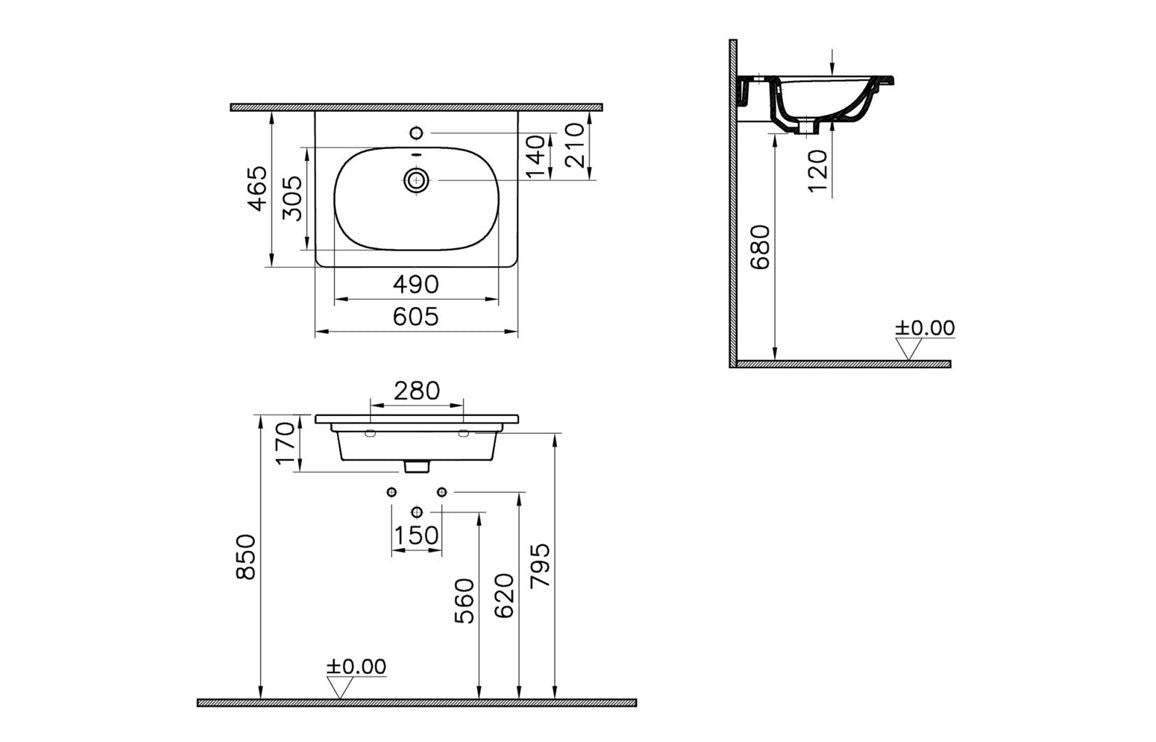 VitrA Zentrum 600x460mm 1TH Vanity Basin with Overflow - Hartley & Hall Bathrooms