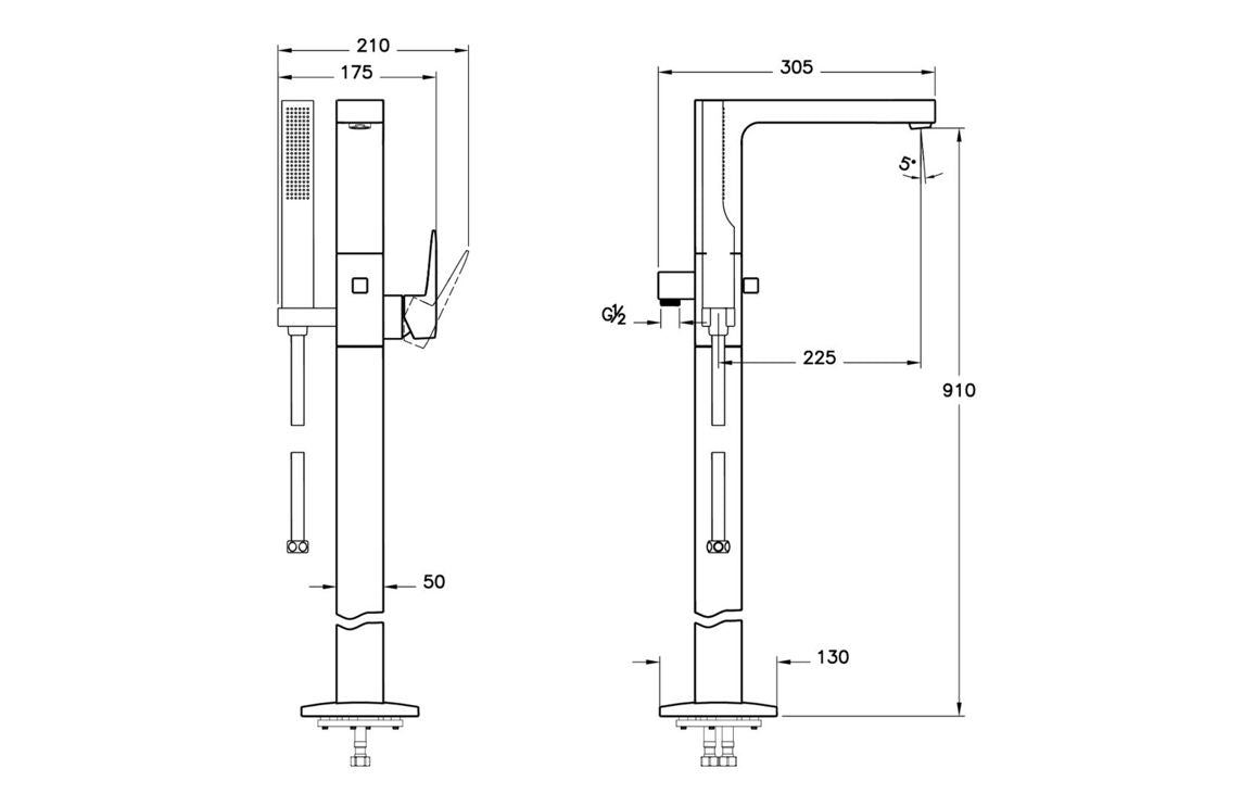 VitrA Root Square Floor Standing Bath/Shower Mixer - Hartley & Hall Bathrooms