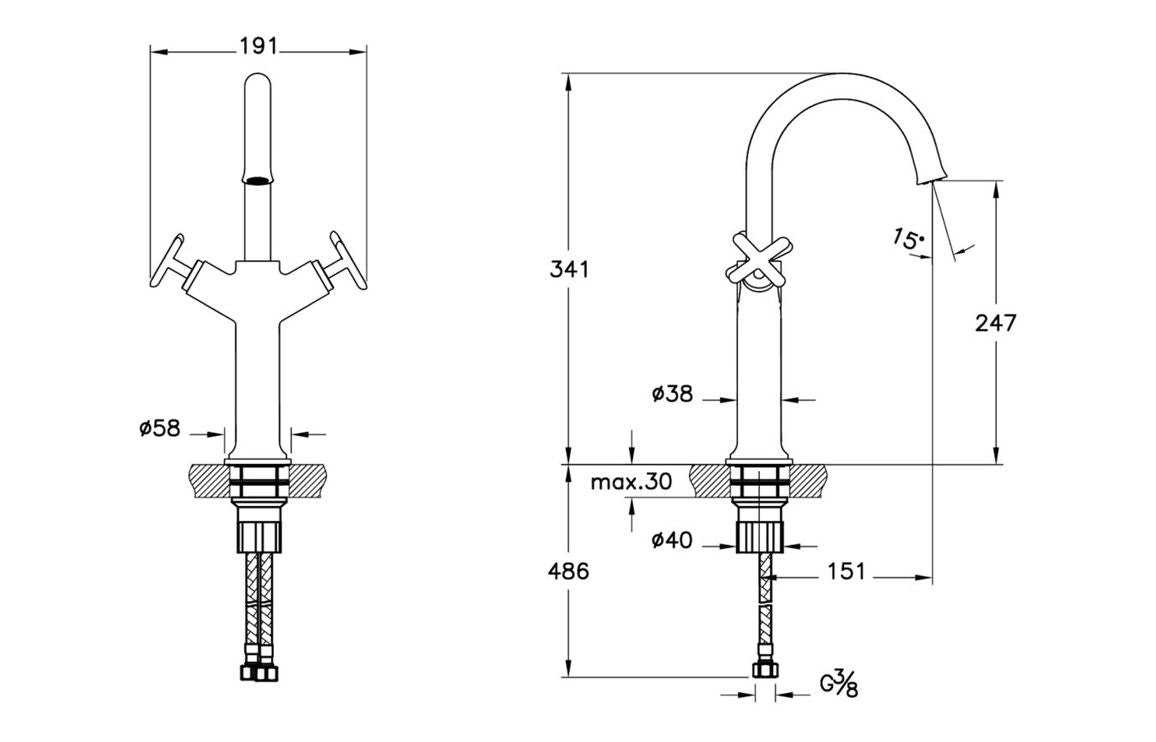 VitrA Origin Classic Tall Basin Mixer (Cross Handles) - Hartley & Hall Bathrooms