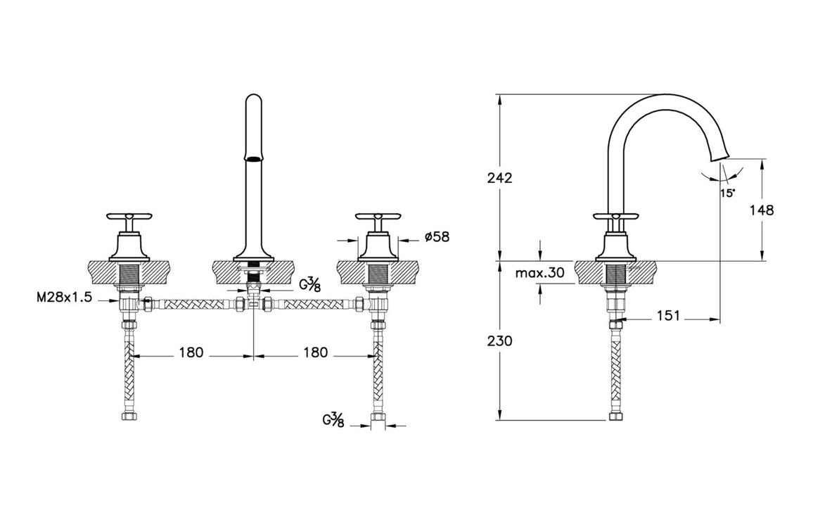 VitrA Origin Classic 3-Hole Basin Mixer - Hartley & Hall Bathrooms