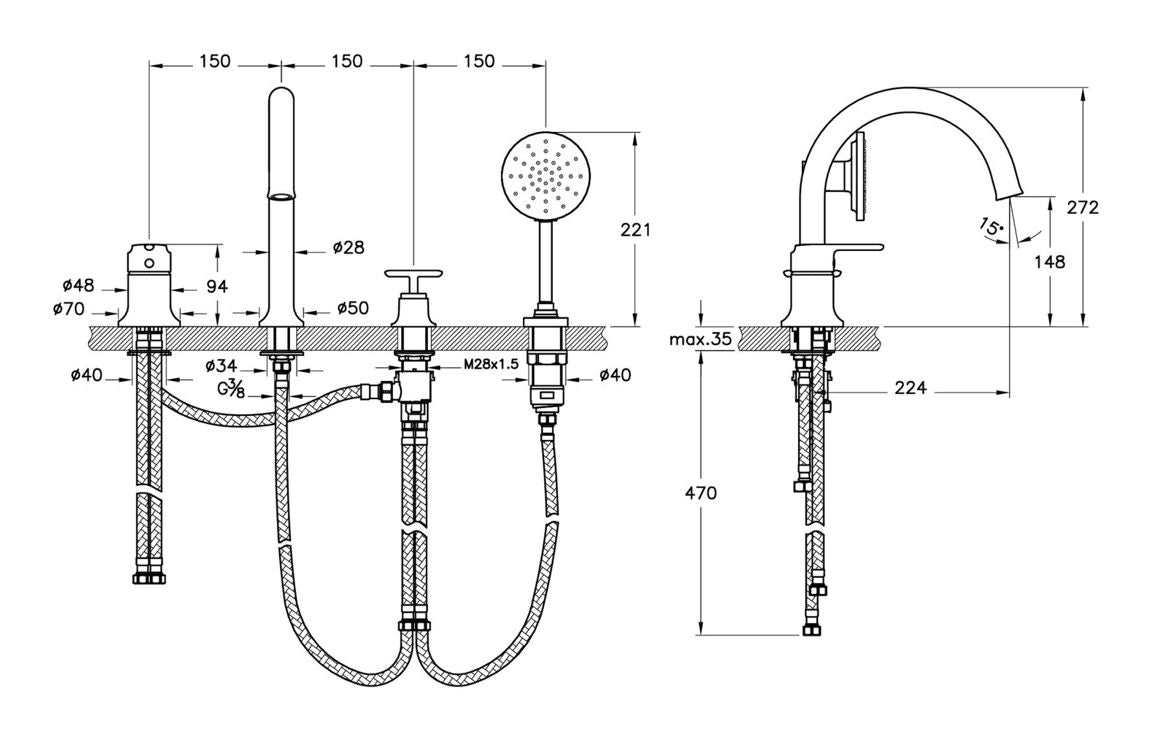 VitrA Origin Classic 4-Hole Bath/Shower Mixer - Hartley & Hall Bathrooms