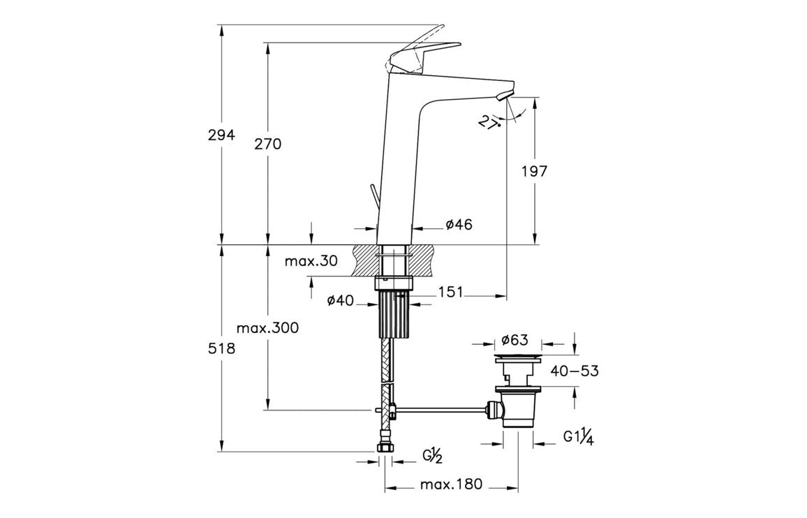 VitrA Flow Chrome Round Tall Basin Mixer with waste Lever - Hartley & Hall Bathrooms