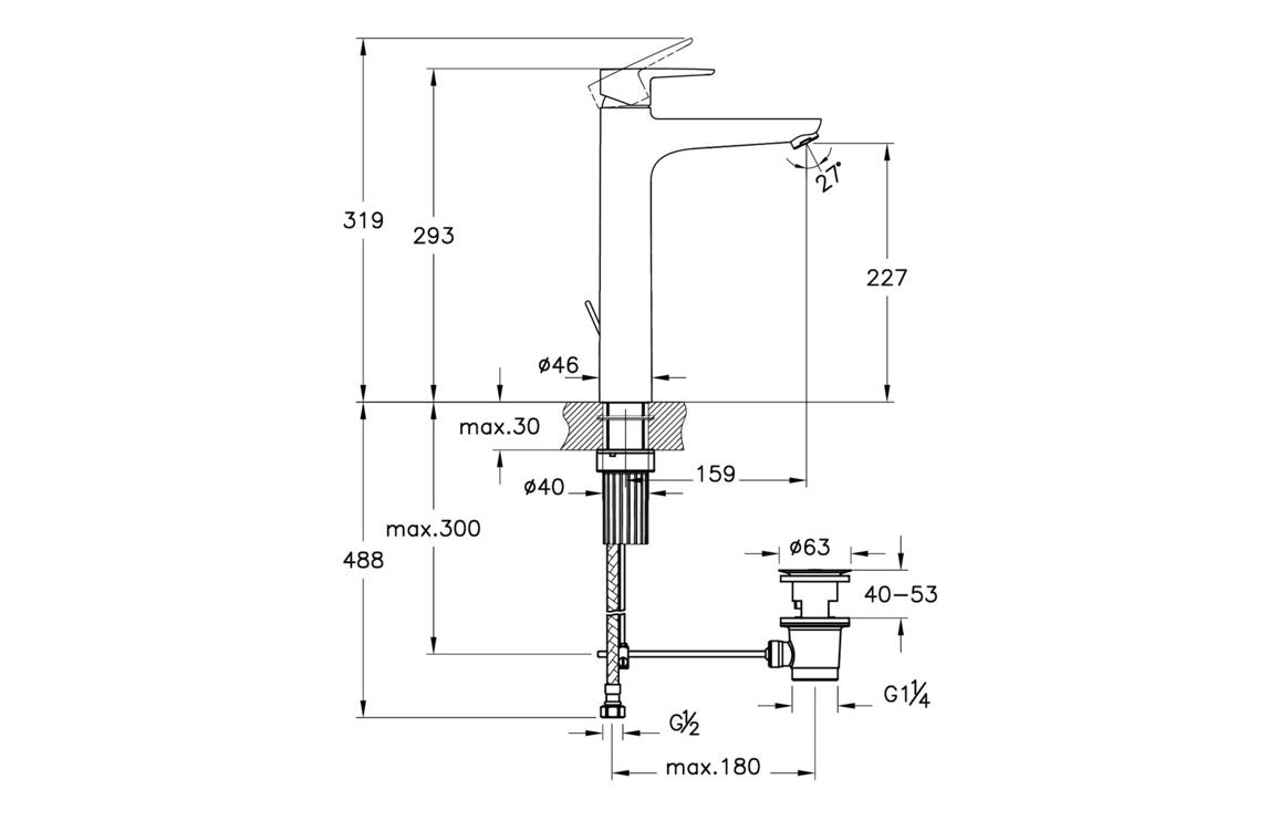 VitrA Flow Soft Tall Basin Mixer with waste Lever - Hartley & Hall Bathrooms
